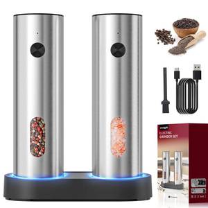 lot 8460 image: Electric Salt and Pepper Grinder Set Automatic Rechargeable Salt and Pepper Shakers with USB Charging Base, Adjustable Coarseness, 110ml Large Capacity, Stainless Steel Pepper Grinder for Kitchen