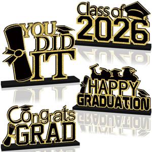 lot 8468 image: 4Pcs Black and Gold Graduation Decorations Class of 2026 Congrats Grad Wooden Table Centerpieces Grad Table Toppers Congratulate Tiered Tray Decor for 2026 Graduation Decorations