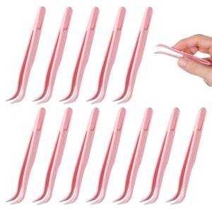 lot 8469 image: Xelsluthe 12 Pack Plastic Tweezers for Crafts, 4.5 Inch Bent Tweezers for Jewelry Making, Baking Decoration, Reptile Feeding, Bead Bracelets, Pink