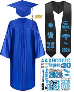 lot 8496 image: CRASHOT Graduation Cap and Gown 2026, Unisex Shiny Uniforms, Includes Stole, Tassel Charm & 9 PCS Heat Transfer Decals for College High School Graduate(Blue 54)