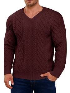 lot 10484 image: Vinsekep Mens Irish Fisherman Sweaters Cable Knit V-Neck Jacquard Pullover Sweater Unisex Woven V-Neck Knitted Tops Burgundy
