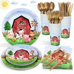 lot 10489 image: 175 Pcs Farm Birthday Decorations Plates Set 25 Guests, Farm Animals Theme Baby Shower Watercolor Paper Plates Napkins Cups Cutlery Set Party Supplies