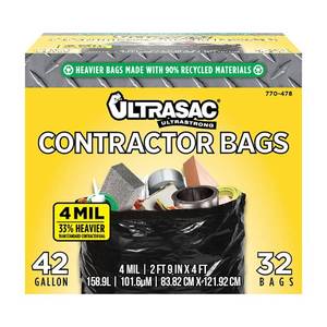 lot 11542 image: Ultrasac Extra Heavy Duty Contractor Bags - 42 gallons 4 Mil (32 Pack wTies) - 33 x 48 Extremely Thick and Tough Professional Trash Bag for Construction, Commerical, Industrial, Yard, Outdoor use
