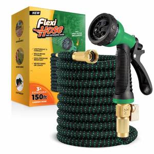 lot 11545 image: Flexi Hose with 8 Function Nozzle, 150FT - Lightweight Expandable Garden Hose, No-Kink Flexibility, 34 Inch Solid Brass Fittings and Double Latex Core - Black and Green (Used)