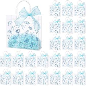 lot 11582 image: Sweetude 24 Pcs Blue Bow Seashell Clear PVC Gift Bags with Handle and Ribbon, Ocean Party Favor Bags Bulk Beach Goodie Treat Tote for Birthday Summer Wedding Party Supplies, 7.9 x 7.9 x 3.2