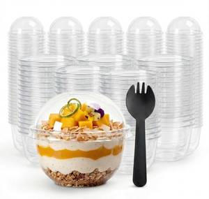 lot 11585 image: VKSLKV 50 Pack Clear Dessert Cups with Lid and Black Sporks- 8oz for Cake,Fruit,Pudding,Yogurt -Plastic Charcuterie Cups for Party Disposable (Slight Use)