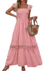 lot 12342 image: PRETTYGARDEN Womens Smocked Summer Maxi Dresses 2026 Ruffle Cap Sleeve Square Neck Lace Detail Flowy Sundress with Pockets (Pink, XX-Large)