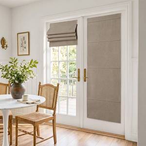 lot 12343 image: NICETOWN Linen 100% Blackout Roman Shade for Doors, No Drill Cordless French Door Curtain Thermal Insulated, Adhesive Top & Magnetic Lift Privacy Door Window Curtain, 26 W x 72 L, 1 Panel, Mocha