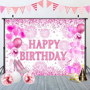 lot 12355 image: Atlastrip Happy Birthday Backdrop 10x8 FT Pink Balloon Backdrops Banner Photo Background Poster Party Backdrop Decor for Women Girls Large Balloons High Heels Champagne Theme Banners Decoration