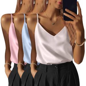 lot 12367 image: JoyMotion 3 Pack Womens Silk Satin Camisoles V Neck Tank Tops(Medium,Light Pink, Light Blue, Champagne)
