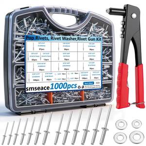 lot 13238 image: smseace 1001Pcs Pop Rivet Gun Kit Pop Rivets, Washers and Rivets Gun Tool Packed in Portable Toolbox with Color Label for Metal, Furniture, Automotive, Instruments