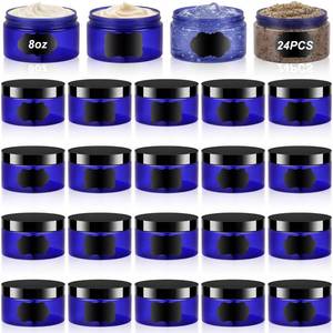 lot 13240 image: Dandat 24 Pcs 24681012oz Plastic Blue Jar Container with Black Lid and Label, Empty Round PET Cosmetic Jars for Lotion, Cream, Body Butter, Sugar Scrub, Slime (8oz, Blue Jar with Black Lid)