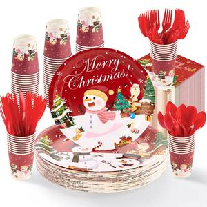 lot 13264 image: Fijinhom 350Pcs Christmas Disposable Paper Plates and Plastic Cutlery Set
