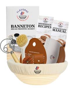 lot 13266 image: FLAVORAE Banneton Bread Proofing Basket with Liner �� Natural Rattan Dough Riser with Sourdough Baking Accessories, Artisan Bread Loaves, Homemade Bread Making - 9 Round Sourdough Starter Kit