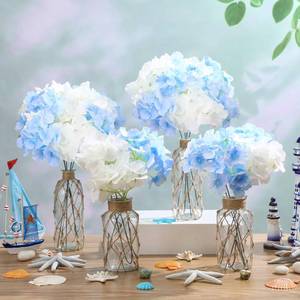 lot 13275 image: Yungyan Set of 4 Coastal Glass Vases with 8 Blue and White Hydrangea Flower Coastal Flower Vase with Boho Rope Wrapping for Beach Table Centerpiece Wedding Floral Arrangement Nautical Home Decor