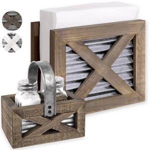 lot 14169 image: Autumn Alley Farmhouse Napkin Holder and Adorable Farmhouse Salt and Pepper Shakers Set With Wood Holder - Western Kitchen, Galvanized Metal - Upright Rustic Napkin Holder Rustic Kitchen D�cor (Brown)
