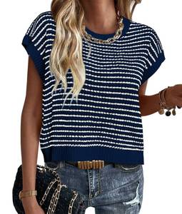 lot 14178 image: PRETTYGARDEN Womens Striped Short Sleeve Sweater Vest Navy,XL