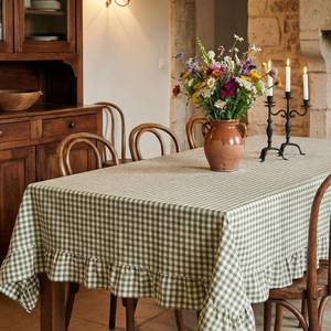 lot 14193 image: Mindsoft Plaid Ruffled Table Cloth Cotton Linen Fabric Checkered Gingham Tablecloth Farmhouse Vintage Buffalo Plaid Decorative Table Cover for Dining Room Party(52 x 70 Inches,Sage Green)