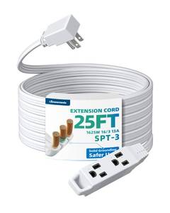 lot 14225 image: DEWENWILS 25FT White 3 Outlet Flat Plug Extension Cord 163, ETL Listed