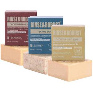 lot 14231 image: Rinse & Robust Mens Bar Soap Bath Bar Soap 3Pack Handmade Natural Soap Bar Set Cleansing Bar Moisturizing&Exfoliating Scrub Soap Gift Set for Men  Leather, Sandalwood, Teakwood  3.5 oz of 3 Bars
