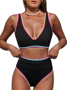 lot 14255 image: Hilinker Women High Waisted Bikini Sets Tummy Control Swimsuits V Neck 2 Piece Bathing Suits Black Geometric B Large