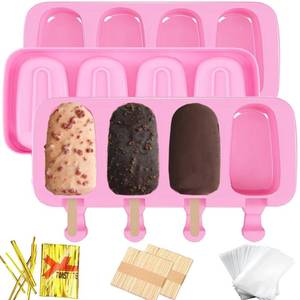 lot 14264 image: 3pcs Large Silicone Popsicle Molds Set,BZIDII 4 Cavities Cake Pop Molds,Oval Ice Cream Bar Mold Ice Pop Cakesicle Molds Silicone with 100 Wooden Sticks & 100 Bags &100 Twist Ties(Pink)