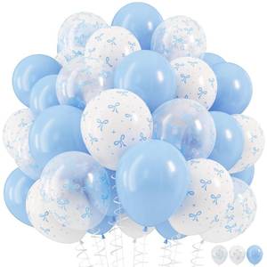 lot 14271 image: HILAVO Blue Bow Balloons, 12 Inch Pastel Light Blue Transparent White Bow Print Coquette Balloon for Girls Birthday Bachelorette Party Bridal Baby Shower Wedding Anniversary Decorations Supplies