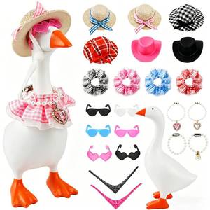 lot 14287 image: Desk Mini Goose 7 inch with 6 Outfits Felt Hat Necklace Dress Sunglasses