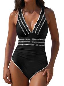 lot 14295 image: popvil One Piece Swimsuit for Women Deep V Neck Color Block Bathing Suit