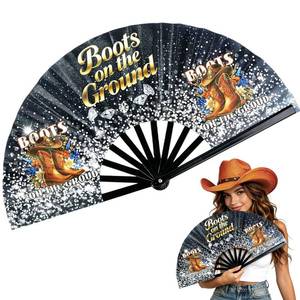 lot 14328 image: Boots On The Ground Hand Fan, Folding Clapping Clacking Fans for Line Dancing,Party Props, Perfect Gift for Line Dance Lover (Multicolor)