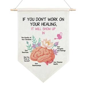 lot 14330 image: JMYROG If You Dont Work on Your Healing Canvas Hanging Pennant Flag, Psychologist School Counselor Therapy Office Decor, DBT CBT Therapist Banner, Positive Gifts for Family Friend Boss Coworker BFF