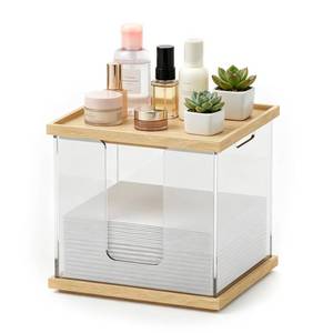 lot 14333 image: DEMEGA Disposable Face Towel Holder Box, Acrylic Facial Container for XL Clean Skin Club Towels, Large Face Storage with Wood Base and Wood Lid for Bathroom Vanity Countertop, Clear