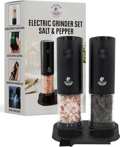 lot 14342 image: FLAVORAE Electric Salt and Pepper Grinder Set - Black 2 Pack Battery Operated Mills with 95ml Large Capacity, Adjustable Coarseness, Built-in LED Light, Automatic Salt & Pepper Shakers for Kitchen