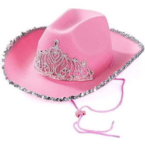 lot 14357 image: Funny Party Hats Pink Cowgirl Hat for Women with Rhinestone Tiara  Adjustable Strap  One Size fits Most