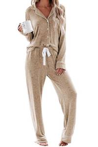 lot 14368 image: Aamikast Womens Pajama Sets Long Sleeve Button Down Sleepwear Nightwear Soft Pjs Lounge Sets (X-Large, light brown) - Actual product images may differ from stock photos