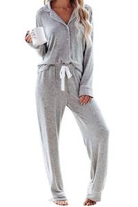 lot 14371 image: Aamikast Womens Two-piece Classic knit Pajama Sets Long Sleeve Button Down Sleepwear (XL, Light Gray)