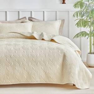lot 19589 image: WARMDERN Ultrasonic Cream White Velvet Quilt Set King Size, Geometric Textured Weave Pattern Modern Beige Quilt Bedding Set, 3PCS Soft Microfiber Bedspreads Coverlet for All Season, Cream, 106x96 inch