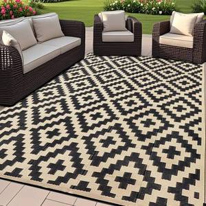 lot 19590 image: SAND MINE Reversible Mats, Plastic Straw Rug, Modern Area Rug, Large Floor Mat and Rug for Outdoors, RV, Patio, Backyard, Deck, Picnic, Beach, Trailer, Camping, Black & Beige, 6 x 9