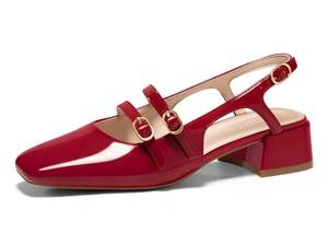 lot 19593 image: Coutgo Womens Mary Jane Chunky Low Heels Slingback Pumps Closed Square Toe Wedding Dress Shoes, Red, Size 8.5 (Slightly Used)