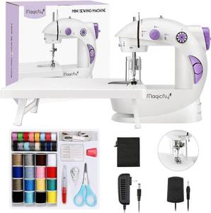 lot 19599 image: Magicfly Mini Sewing Machine with Extension Table, Dual Speed Portable Sewing Machine for Beginners with Light, Sewing Kit for Household Use, White
