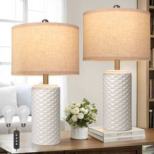 lot 19605 image: FINCMY 23 Bedside Lamps Set of 2, Dimmable Ceramic Table Lamps with Remote, Farmhouse Bedroom Lamps Nightstand Table Lamps for Living Room End Table, Two Bulb Included