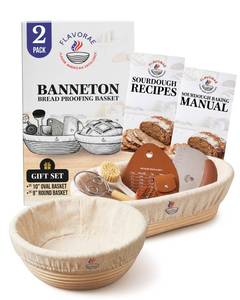 lot 19640 image: FLAVORAE Banneton Bread Proofing Basket with Liners - Natural Rattan Dough Riser & Sourdough Starter Kit, Artisan Bread Loaves, Homemade Bread Making - 9 Round & 10 Oval Basket - 2 Pack