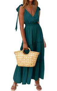 lot 20298 image: PRETTYGARDEN Womens Dress Spaghetti Strap Shoulder Knot Wrap Neck Summer Dresses Ruffle Hem Smocked High Waist Sleeveless Tiered Maxi Dress (Blue Green,Large)