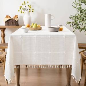 lot 20311 image: ZeeMart Grid Embroidered Square Tablecloths 60x60in, TasselOff-White
