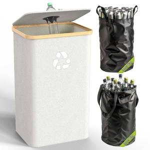 lot 20322 image: Pakusane Recycling Bin for Kitchen Indoor Home,Beige Color Large 100L 26 Gallon Recycle Bin with Lid Removeable Reusable Inner Bag Bottle Can Glass Waste Plastice Stickers