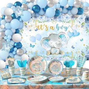 lot 20331 image: Elephant Baby Shower Decorations for Boy, 224 Pcs Blue Baby Shower Supplies(20 Guest) Includes Paper Plate, Cups, Napkins, Forks, Balloon Garland, Tablecloth, Backdrop