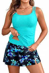 lot 20357 image: Tempt Me Women Tankini Swimsuits with Skirt - Aqua Blue Floral Two Piece Tummy Control Bathing Suit with Pockets Loose Fit 2026 Swimwear XL