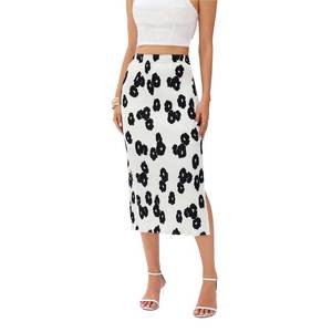 lot 20418 image: Midi Skirts for Women with Slit Long Knee Length Floral Elastic Pleated High Waisted Womens Skirt