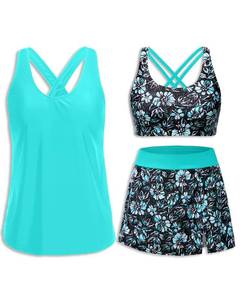 lot 20422 image: Womens Aqua Floral 3 Piece Tankini Swimsuits with Skirt Tummy Control M
