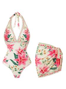 lot 20427 image: SherryDC Womens Sexy V Neck One Piece Swimsuit with Cover up Wrap Skirt Sarong Tummy Control Bathing Suit Swimwear Medium